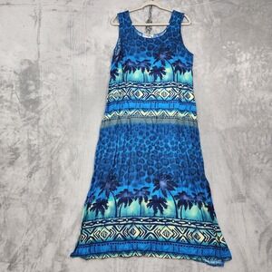 Vintage Looking Good Dress Womens XL Blue Palm Tree Tie Back Maxi Sundress Beach